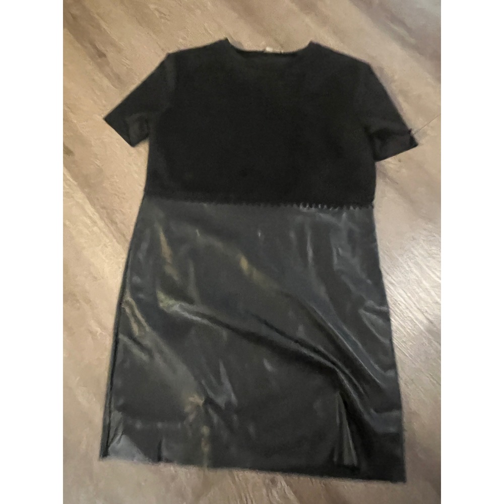 Zara Womens Faux Suede and Leather Mixed Media Short Sleeve Dress Black Small